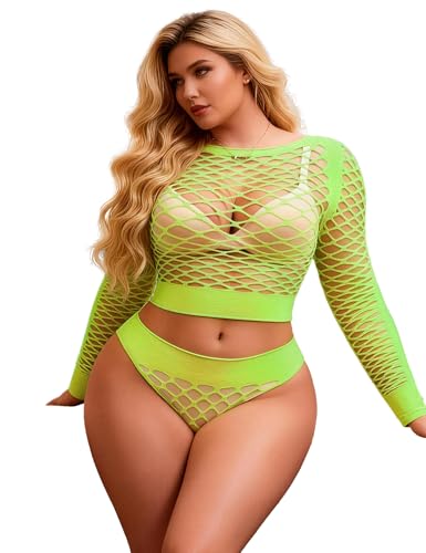 ohyeah Plus Size Fishnet Lingerie Set Green Rave Fishnet Bodysuit Top and Panty Set 2 Piece Crop Top Long Sleeve