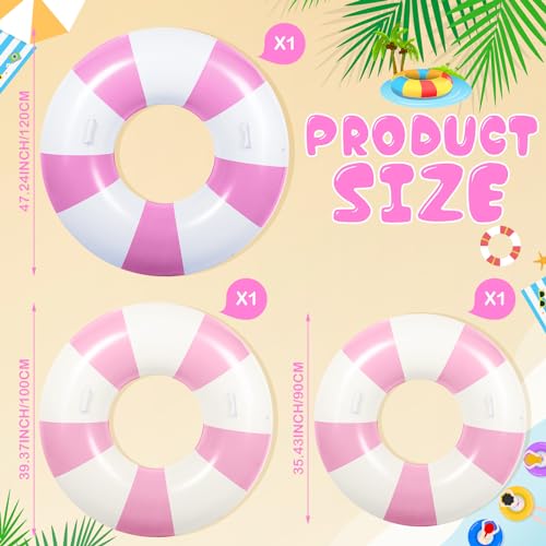 WinnerWhy 3 Pcs Large Swim Ring with Handles Set 47.24" 39.37" 35.43" Inflatable Pool Inner Tube Classic Striped Pool Ring Floats for Adults Teens Summer Lounger Beach Party Supplies (Pink, White) by WinnerWhy - Used condition - Image 2