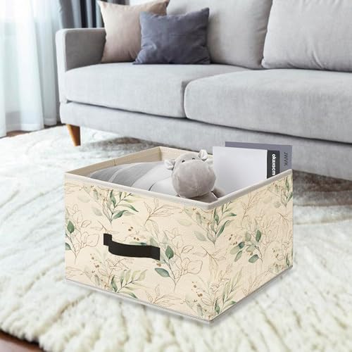 Image of Sage Green Eucalyptus Storage Bins, Watercolor Plant Botanical Collapsible Fabric Storage Basket Organizer for Clothes Toys Books Home Bedroom Living Room