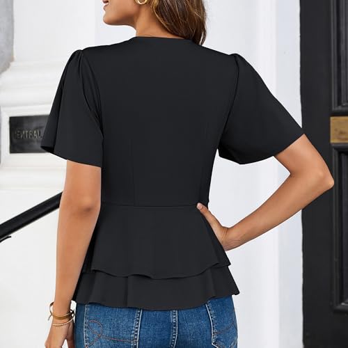 GRACE KARIN 2025 Women's Business Casual Outfits Peplum Tops Dressy Summer Short Sleeve V Neck Wrap Work Blouse Shirts3