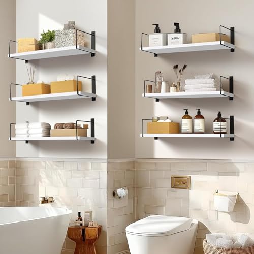 Image of Wall Mounted Bathroom Shelves Set of 3, White Rustic Wood Floating Shelves with Metal Brackets, Wall Storage Rack for Toiletries Organizer Washbasin Kitchen Living Room (White 2)