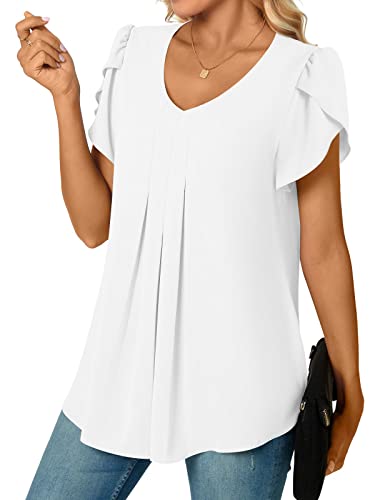Bestbee Womens Dressy Chiffon Blouses Shirts V Neck Short Sleeve Tunic Tops Summer Casual T-Shirts With Pleated Strech, 2Xl, White #TOP2