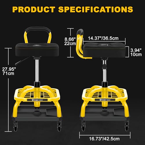 Image of Rolling Shop Stool with Wheels, Garage Mechanic Shop Chair with Handle Backrest, Adjustable Height Work Stool, Roller Seat with Tool Tray Storage, Heavy Duty, 330 LBS Capacity, Yellow