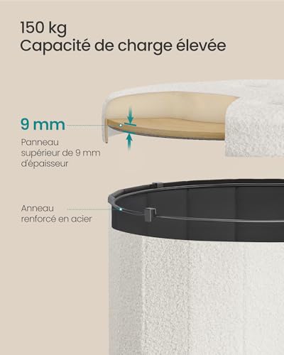 Pouf rangement rond pliable 65 L tissu Teddy, SONGMICS