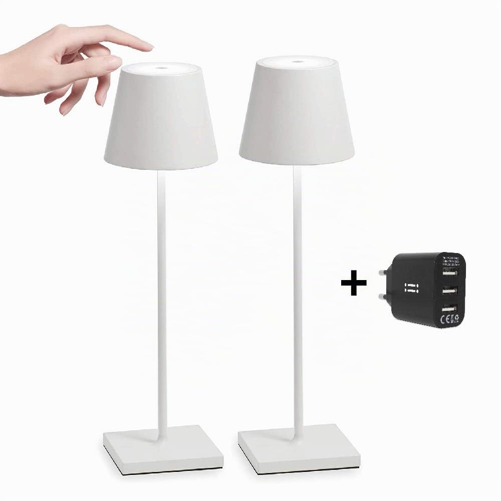 Zafferano Kit 2x Poldina Pro, Lampada LED Senza Fili Ricaricabile, Dimmer touch, IP65 Uso Interno/Esterno Lunga Durata, Alluminio, H38cm, Caricatore Multiplo USB - Bianco,Amazon Exclusive