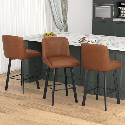 SAECKBERG Swivel Bar Stools Set of 3, 26''H Upholstered Barstools with Backs, Modern Counter Height...