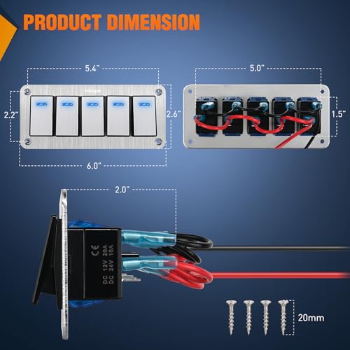 Image of Nilight 5 Gang Rocker Switch Panel 3 Pin On Off Pre-Wired Blue LED | Waterproof Aluminum Toggle Switches with DIY Stickers for 12V 24V Automotive Cars Marine Boats UTV Truck Jeeps
