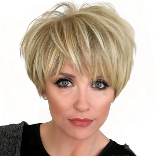 PHOCAS Short Blonde Wigs Natural Straight Pixie Cut...