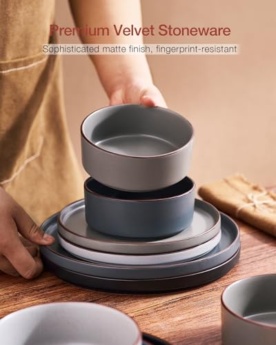 Image of Famiware Nebula Ridge Stoneware Dinnerware Sets for 8, 24 Pieces Plates and Bowls Sets, Dishes Set, Microwave and Dishwasher Safe Kitchen Plates, Multi-color