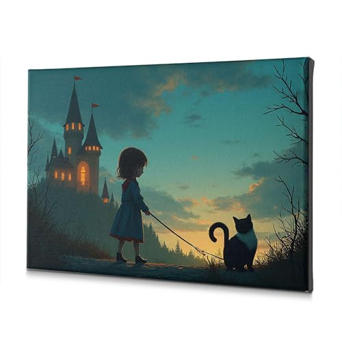 Toile décorative fille au chat impression haute définition pour salon élégant 30 x 40 cm