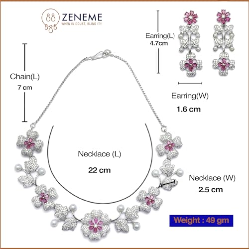 ZENEME Rhodium-Plated Cubic Zirconia Studded Floral Theme Necklace With Earrings Jewellery Set For Girls and Women - Image 6