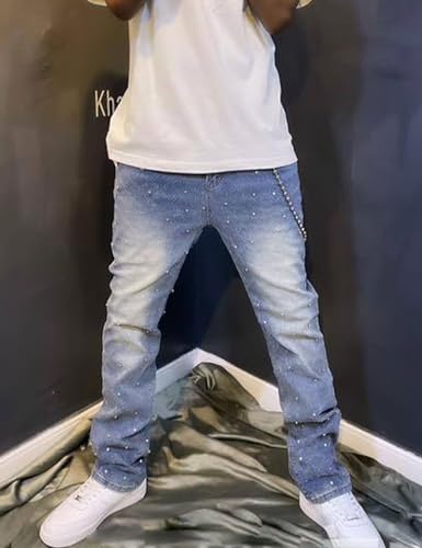 Men Rhinestone Skinny Ripped Jeans Y2k Stretch Slim Fit Stacked Jeans Grunge Denim Pants4