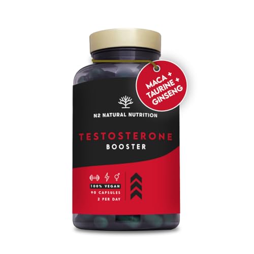 TESTOSTÉRONE HOMME BOOSTER - Musculation, Libido, Puissant, Énergie - Formule Naturel avec Maca, Fenugrec, Zinc, Vit B6 et Ginseng. 90 Capsules. VÉGAN. N2 Natural Nutrition