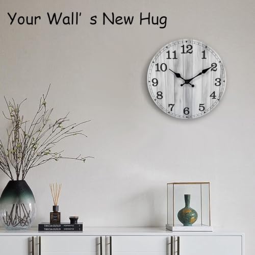 Image of 14 Inch Wall Clock Battery Operated, Wooden Rustic Boho Wall Clocks | Easy-to-read Number, Silent Non Ticking Analog Clock Decorative for Living Room Kitchen Bedroom Home Office Decor, Gray Clock