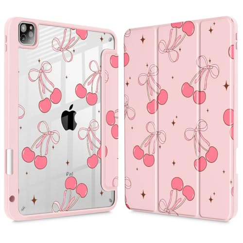 May Chen Case for iPad 12.9 Inch M2 (6th/5th/4th/3rd Generation, 2022/2021/2020/2018), [Penceil Holder] Trifold Stand Auto Wake/Sleep Clear TPU Protection Back Cover, Pink Cherry Bow