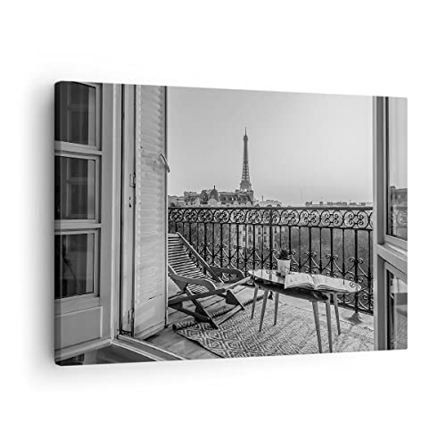 Moderne Impression sur Toile Noir Et Blanc Paris Balcon Image Tableau Decoration Murale 70x50cm Deco Cadre Décoration Salon Chambre Cuisine Horizontal...