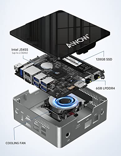 Awow Mini Pc Desktop Computer Intel Celeron J3455 Windows 10 Pro 6Gb Ddr4 128Gb Ssd/Burst Frequency 2.2 Ghz/Dual Lan/ 2.4G+5G Dual Band Wifi/4K /Bluetooth/Hdmi/5 Usb3.0 Ports Micro Pc #TOP1