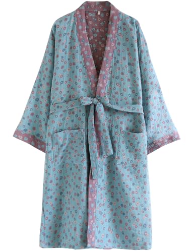 Arssm Women Cotton Gauze Robes Jacquard Japanese Yukata Muslin Kimono Robe Bathrobe Loungewear Sleepwear(Floral-L)