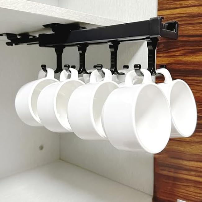 Under Cabinet Mug Holder with 8 Hooks, Black