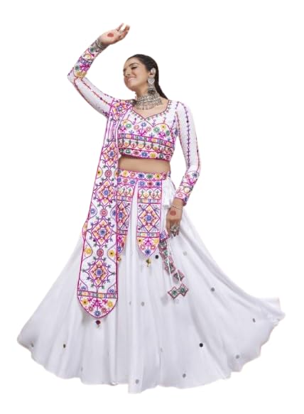 White Thread Embroidered With Mirror Work Viscose Rayon Traditional Navratri Garba Festival Stitched Lehenga Choli-image-47