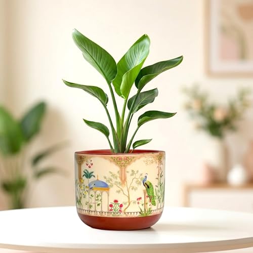 Image of Urban Plant Badshahi Beige 3D Terracotta Plant Pot (5 Inch) | Hand-Painted Mughal Art Design Planter | Decorative Indoor Clay Pot with Drainage Hole | Tabletop Flower Pot for Home & Office Decor