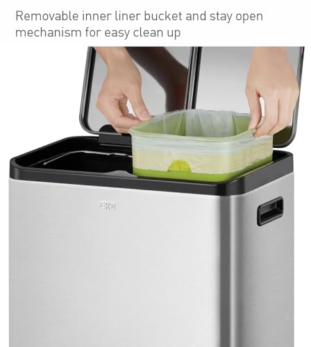 Image of Obsessions EKO Stainless Steel Dual Step Trash Can for Recycling, 30+ 30L Rectangular Kitchen Dustbin, Independent Pedals and Lids, Soft Close and Fingerprint Resistant, Metallic