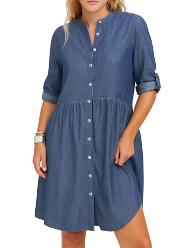 SUNNOW Women's Denim Button Front Mini Shirtdress Vintage Style Relaxed Fit Long Sleeve Dress