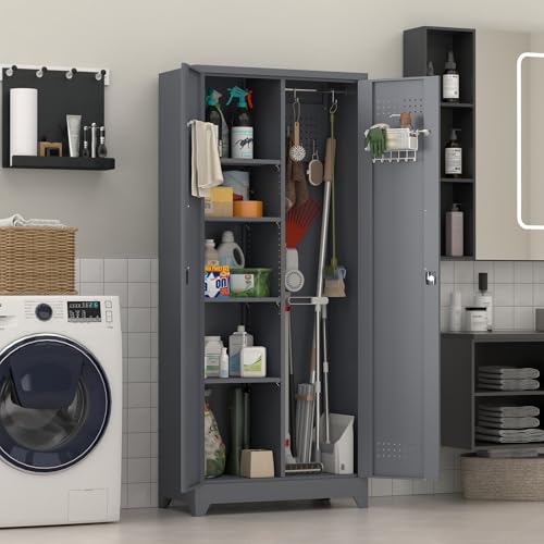 Image of Metal Tool Storage Cabinet, Broom Closet with Hooks, 72.8 inch Tall Garage Cabinet with Shelves, Heavy-Duty Cleaning Storage for Utility Room, Gym, Office, Garage