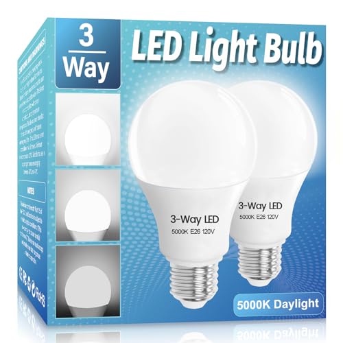 Wiyifada 3 Way LED Light Bulbs 2 Pack, 3 Way Light Bulbs 30 70 100 Daylight White 5000K,E26 Medium Base A19 Three Way Light Bulb, Indoor 3way Bulb for Reading