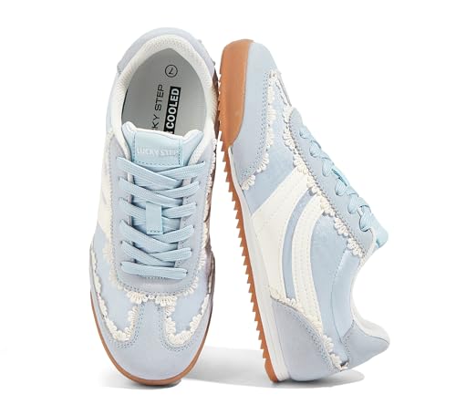 LUCKY STEP Womens Fashion Sneakers Thin Sole Lace up Tennis Shoes Lightweight Walking Running Gym Workout Classic Retro Footwear Anti Slip Trainers(Light Blue 9 B(M) US)