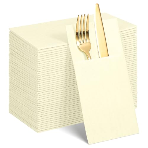 60 Pcs Ivory Linen-Feel Paper Napkins with Built-in Flatware Pocket Beige Pocket Linen Napkin Prefolded Cloth Like Paper Cream Napkins Bulk for Silverware Birthday Reception Bathroom Weddings Party