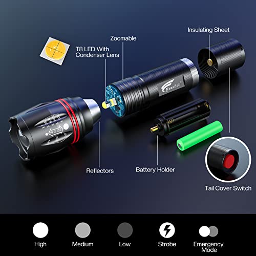 HAUSBELL T8 Upgraded Flashlight Bright, Zoomable Tactical LED Flashlights Flash Light with High Lumens and Five Modes and Camping Accessories, 2 Pack
