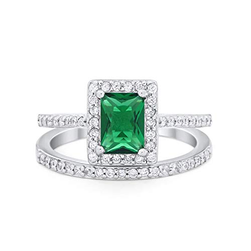 Blue Apple Co. Halo Radiant Cut Wedding Engagement Ring Band Two Piece Bridal Set Simulated Green Emerald Cubic Zirconia 925 Sterling Silver Size-4