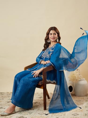 Image of MOKOSH Women's Silk Embroidered Peplum Kurta Sharara with Dupatta | Kurta Set | Ethnic Wear |Round Neck Full Sleeve Kurta | 3 Piece Outfit |Embroidered