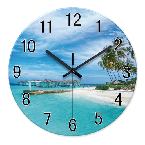 Image of XFM Blue Beach Wall Clock 12 Inch Coastal Nautical Round Glass | Silent Non-Ticking Battery Operated Modern Decorative for Living Room Kitchen Bedroom Office