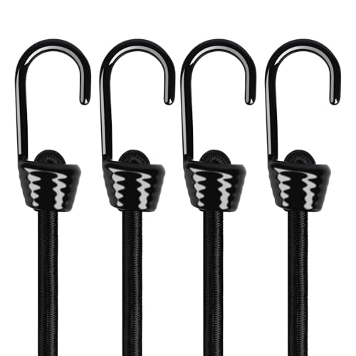 Joneaz 36 Inch Bungee Cords with Hooks Heavy Duty 4 Pack Black Bungee Cord 10mm Thick Rubber Tie Down Straps UV Resistant Marine Grade Coated Hooks for Truck Trailer Bike Boat Cargo