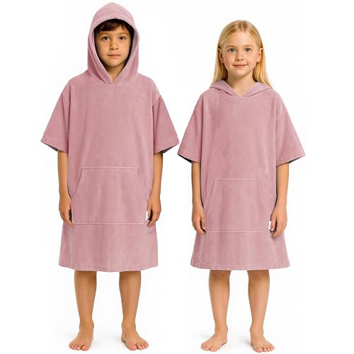 CalmyBEACH Poncho de Bain Enfant - Fille Garçon Coton très léger Peignoir de Surf Serviette de Plage avec Capuche 10-13 Ans Rose Antique