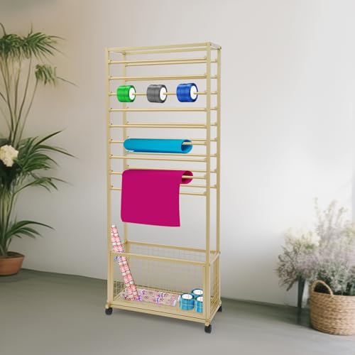 Image of CNCEST Double Sided 20-Layer Ribbon Holder Organizer Rack,Free Standing Mobile Ribbon Holder,Metal Ribbon Stand Organizer Ribbon Storage Shelf for Craft Room,Wrapping Paper (Gold,20 Layer)