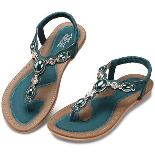SHIBEVER Flat Sandals for Women Dressy: Summer Casual Ankle Strap Sandals - Comfortable Walking Slip on Thong Boho Rhinestone Womens Flats Sandal Green Size 8
