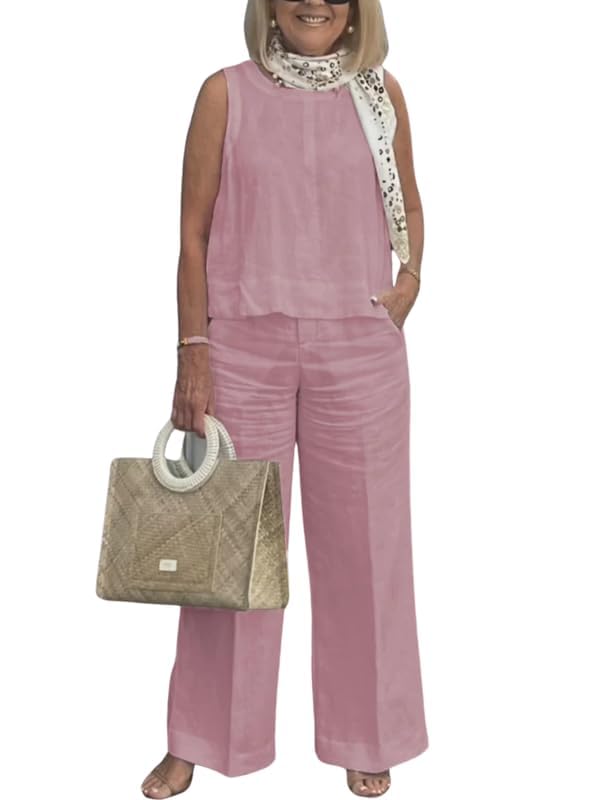 Linen Outfits for Women 2 Piece Set Solid Crew Neck Sleeveless Tank Tops and Wide Leg Pants Suits with Pockets