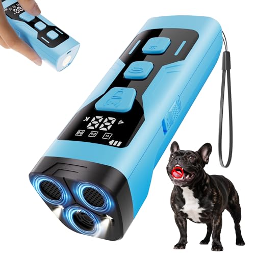 KQMOP Dog Bark Deterrent Devices, 3X Ultrasonic 65FT Anti Barking Device, 4 Gear Frequencies Safer Alternatives to Dog Training Bark Collars, Portable Design with Display for All Dogs (Blue)