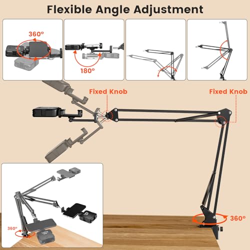 Image of Overhead Phone Mount with LED Selfie Light and Bluetooth Remote, Rechargeable Ring Light Tripod Stand with Flexible Boom Arm, Desk Phone Holder for Video Recording, Live Streaming, TikTok, Vlogging