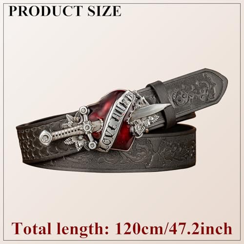 Antique Belt, Western Cowboy PU Leather Belts with Heart and Sword Carved Buckle Retro Embossed Belt for Jeans2