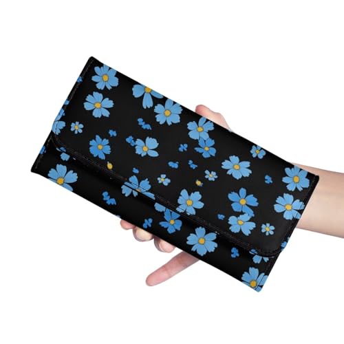 Image of AFPANQZ Womens Leather Wallets Blue Flower Large Capacity Card Holder Zipper Travel Purse, Phone Holder Coin Zip Pocket Multi Cards