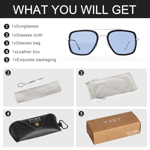 Image of Polarized Sunglasses for Men Women Vintage UV400 Classic Iron-Inspired Hero Style Pilot Sunglasses Fashion Square Metal Frame (Silver Frame /Blue Lens)