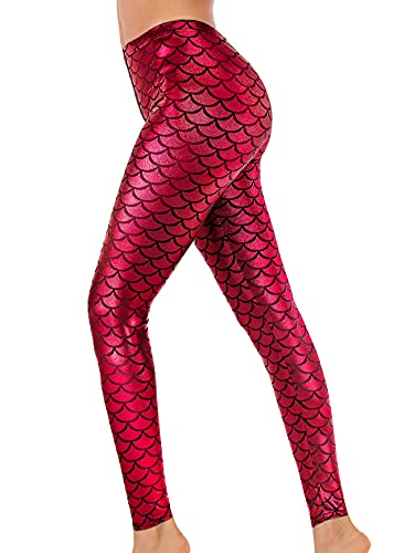 Alaroo Spandex Mermaid Print Scale Leggings for Women Red M