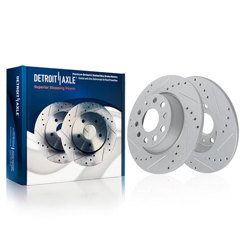 Image of Detroit Axle - 8pc Brake Kit for 2011 2012 Audi A3 [Base], 11-13 A3 Quattro, 2010 Volkswagen Jetta, 12.28 inch inch Front and 11.10 inch inch Rear Drilled and Slotted Disc Brake Rotors Ceramic Brakes Pads