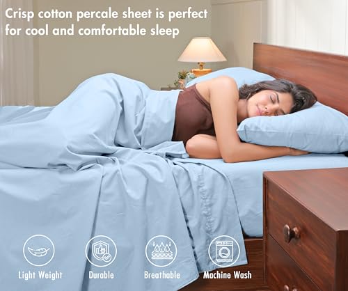 Image of RUVANTI 100% Cotton Percale Sheets California King - Crisp Cooling Summer Bed Sheets for Hot Sleepers, Deep Pocket 12 inch, Soft Peach Finish, Breathable & Durable Hotel-Style 4 Piece Set, Sky Blue