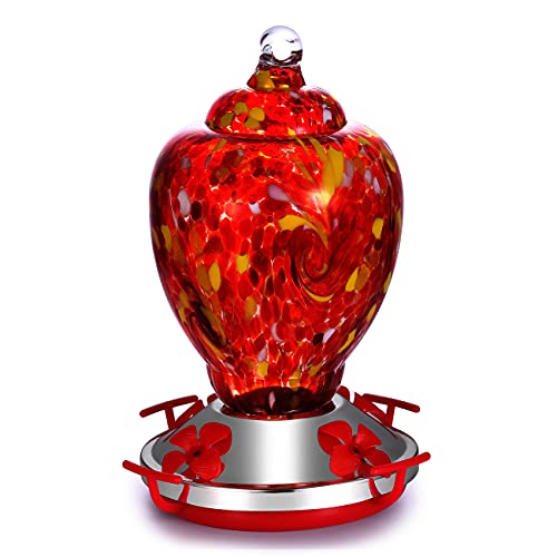 HAPITO Hummingbird Feeder for Outdoors - Hand Blown Glass, 26 Ounces Nectar Capacity, No Leaking/Rustless, Containing Ant Moat, Metal Hook, Hemp Rope and Brush