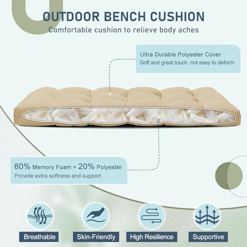 downluxe Outdoor Bench Cushion for Patio Furniture, Waterproof Tufted Overstuffed Porch Swing Cushions, Thick Outdoor Loveseat Cushions, 44\" X 19\" X 5\", Khaki, Set of 1